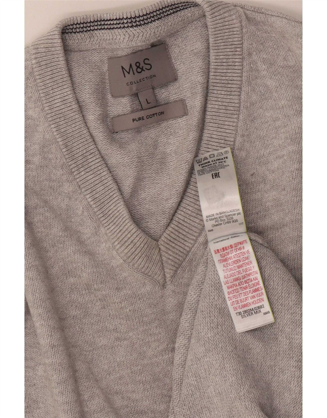 Pulover pentru bărbați Marks & Spencer, cu decolteu în V, mare, gri bumbac cu pete