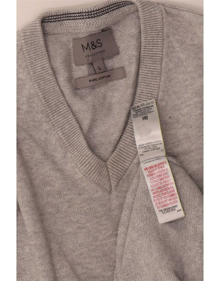 Pulover pentru bărbați Marks & Spencer, cu decolteu în V, mare, gri bumbac cu pete
