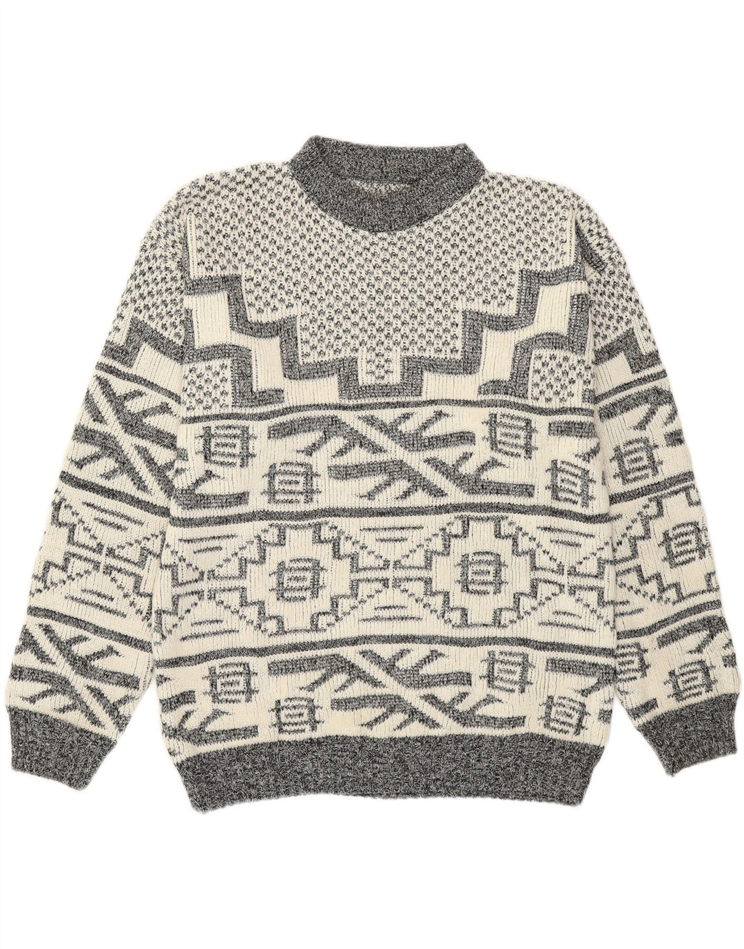 VINTAGE Mens Turtle Neck Jumper Sweater Medium White Geometric Acrylic Vintage Vintage and Second-Hand Vintage from Messina Hembry 