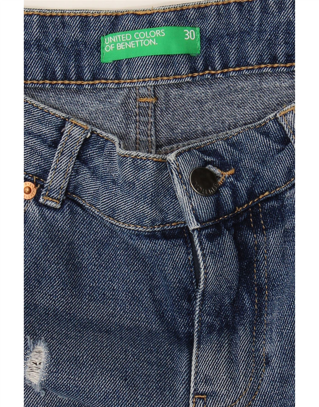 BENETTON Womens Distressed Denim Hot Pants  W30 Medium Blue Floral Cotton Vintage Benetton and Second-Hand Benetton from Messina Hembry 
