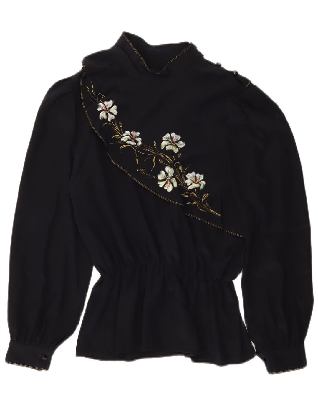 Bluză vintage cu mâneci lungi pentru femei UK 14 Medium Bleumarin Floral