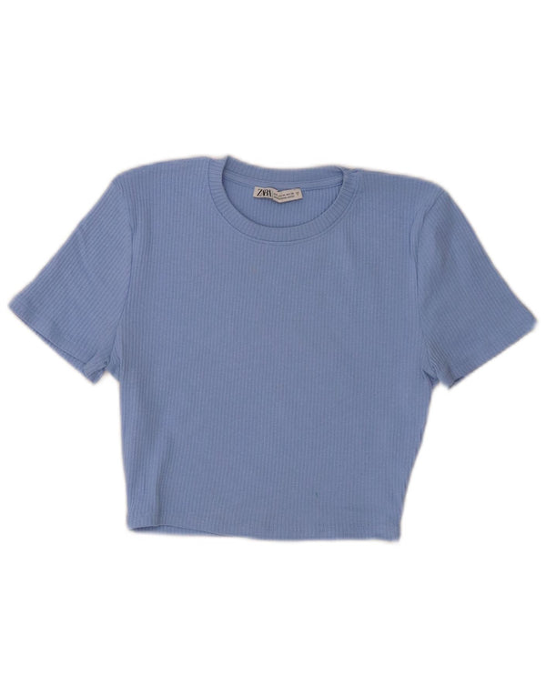 Tricou Crop pentru femei Zara UK 12 Bumbac albastru mediu