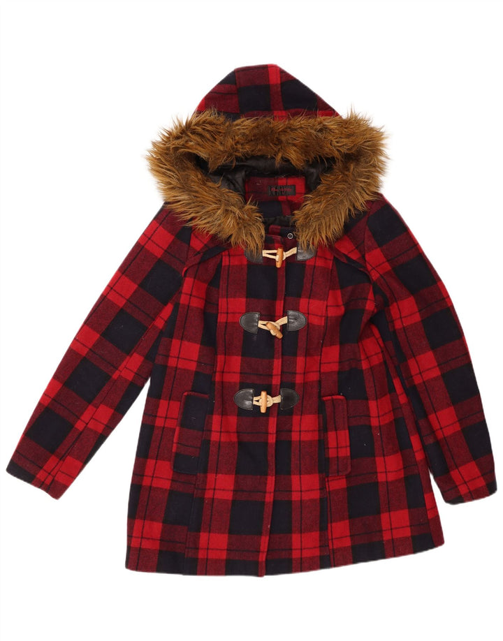 Jachetă duffle cu glugă pentru femei Miss Selfridge UK 10 Small Red Check Wool