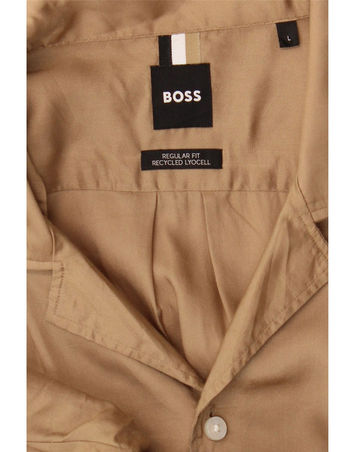 HUGO BOSS Mens Regular Fit Short Sleeve Shirt Large Brown Lyocell Vintage Hugo Boss and Second-Hand Hugo Boss from Messina Hembry 