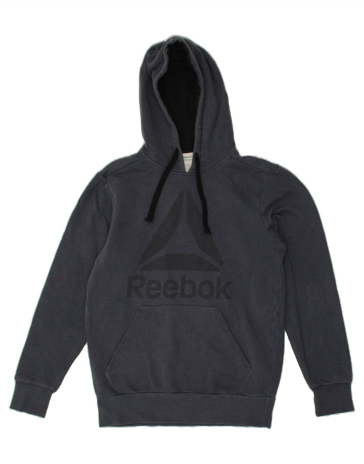 REEBOK Mens Graphic Hoodie Jumper Small Navy Blue Vintage Reebok and Second-Hand Reebok from Messina Hembry 