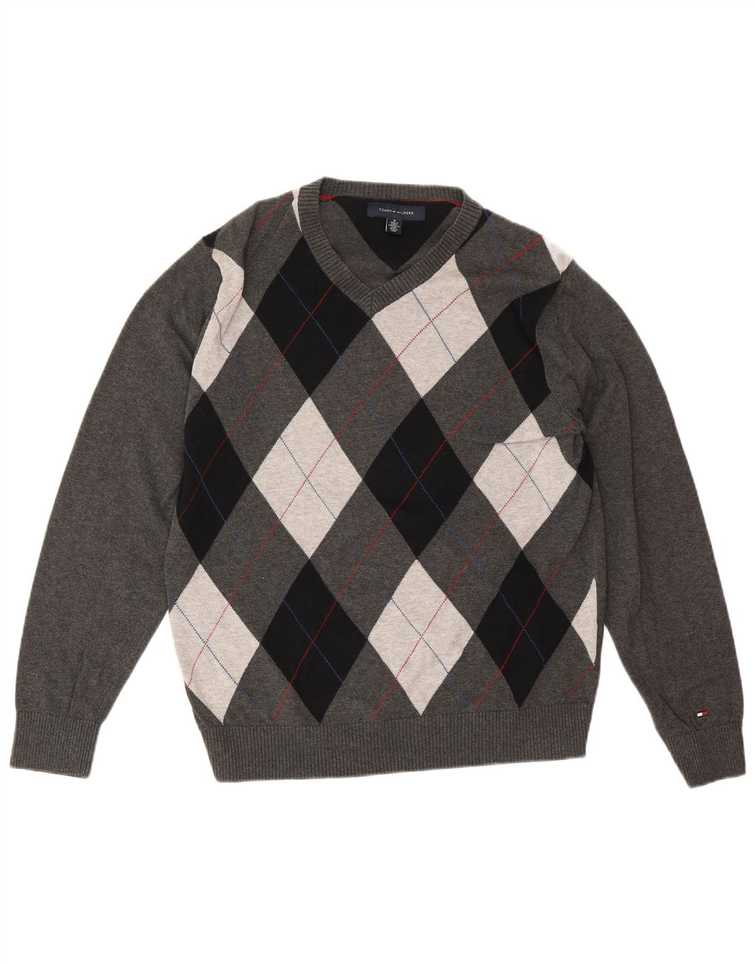 Pulover pentru bărbați Tommy Hilfiger cu decolteu în V, gri mediu, bumbac Argyle/Diamond