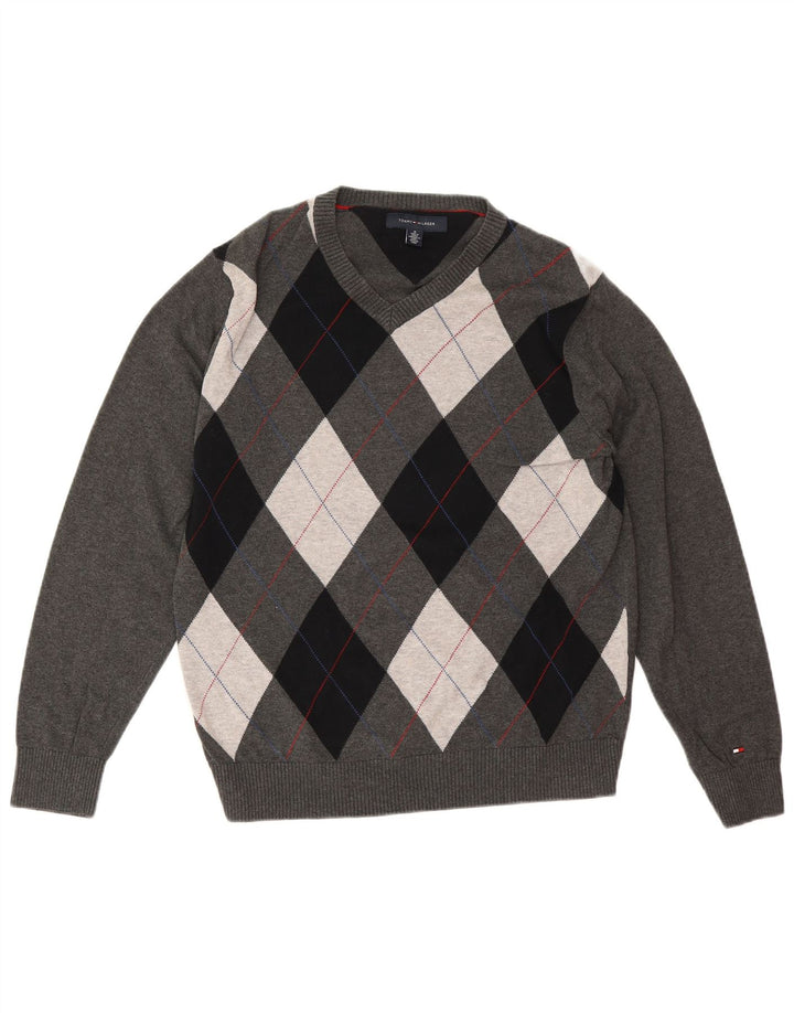 Pulover pentru bărbați Tommy Hilfiger cu decolteu în V, gri mediu, bumbac Argyle/Diamond