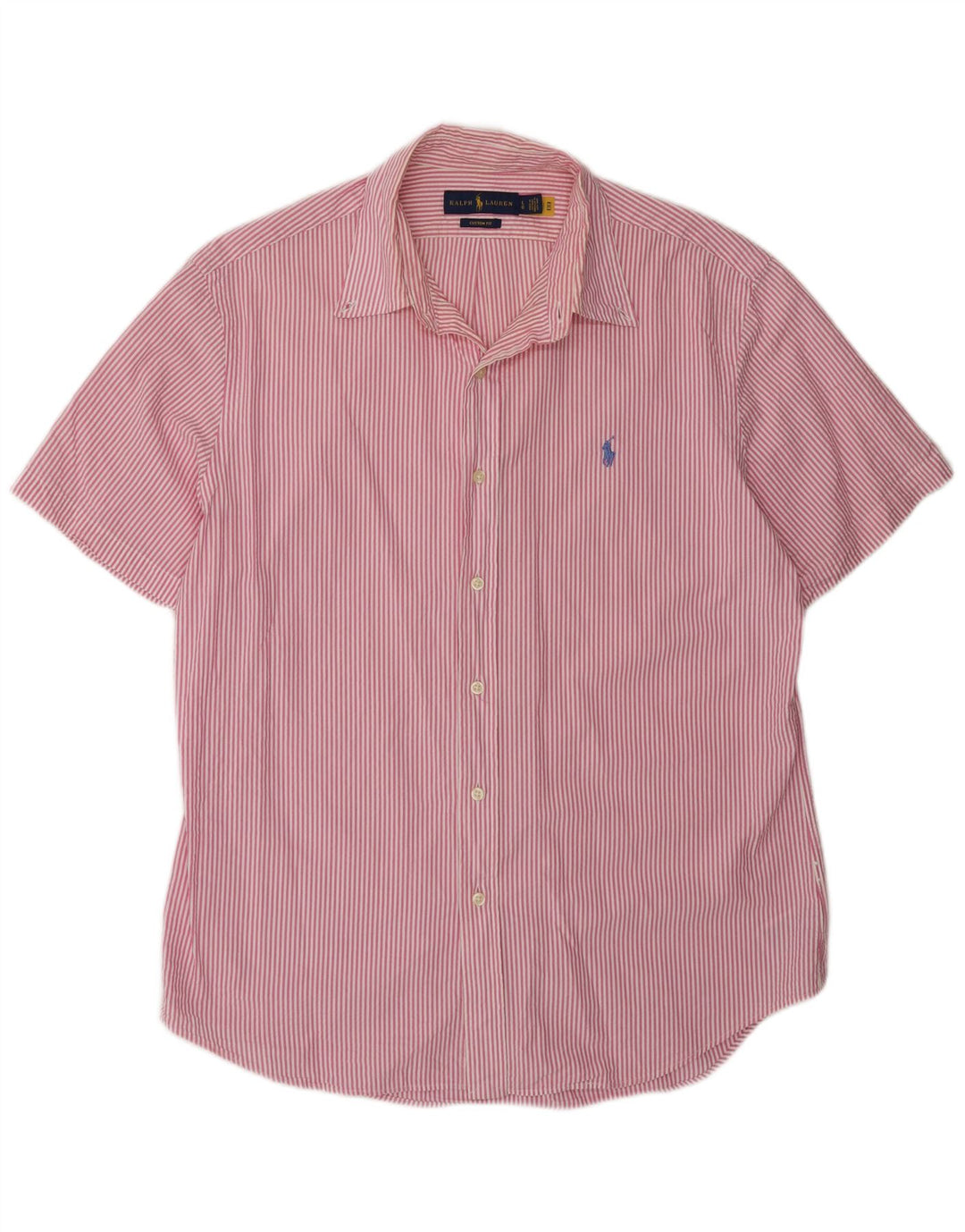 RALPH LAUREN Mens Custom Fit Short Sleeve Shirt Large Pink Striped Cotton