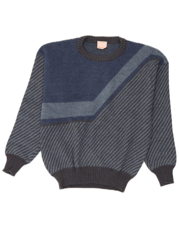Pulover vintage pentru femei cu gât de barcă UK 14 Medium Blue Striped Acrilic