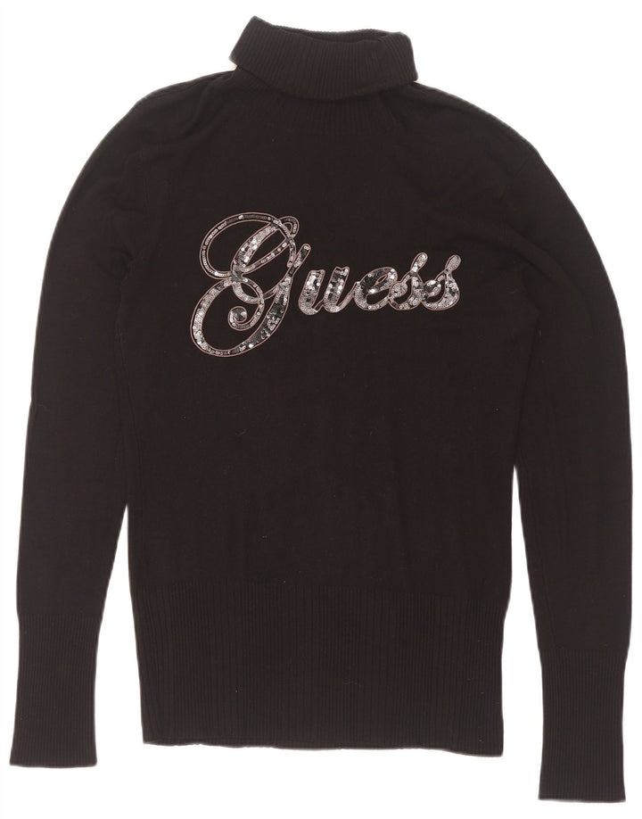 Pulover pentru femei Guess cu gât rulat cu grafică UK 12 Medium Negru