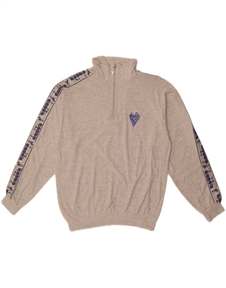 DIADORA Mens Graphic Zip Neck Sweatshirt Jumper Small Grey Cotton Vintage Diadora and Second-Hand Diadora from Messina Hembry 