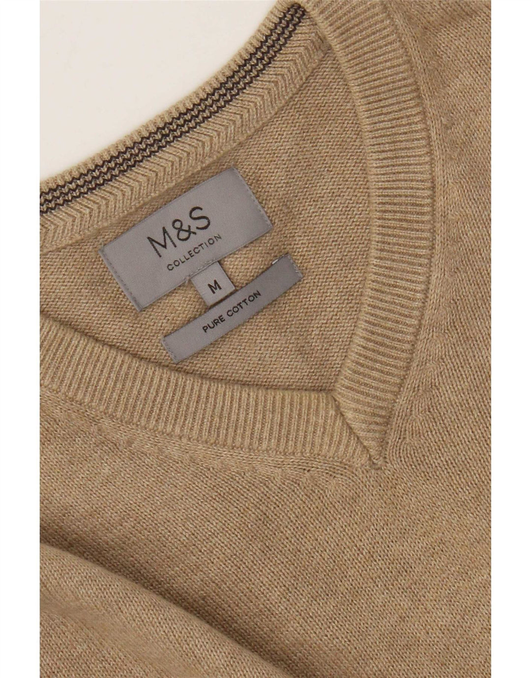 Pulover pentru bărbați Marks & Spencer, cu decolteu în V, bumbac cu pete, bej mediu