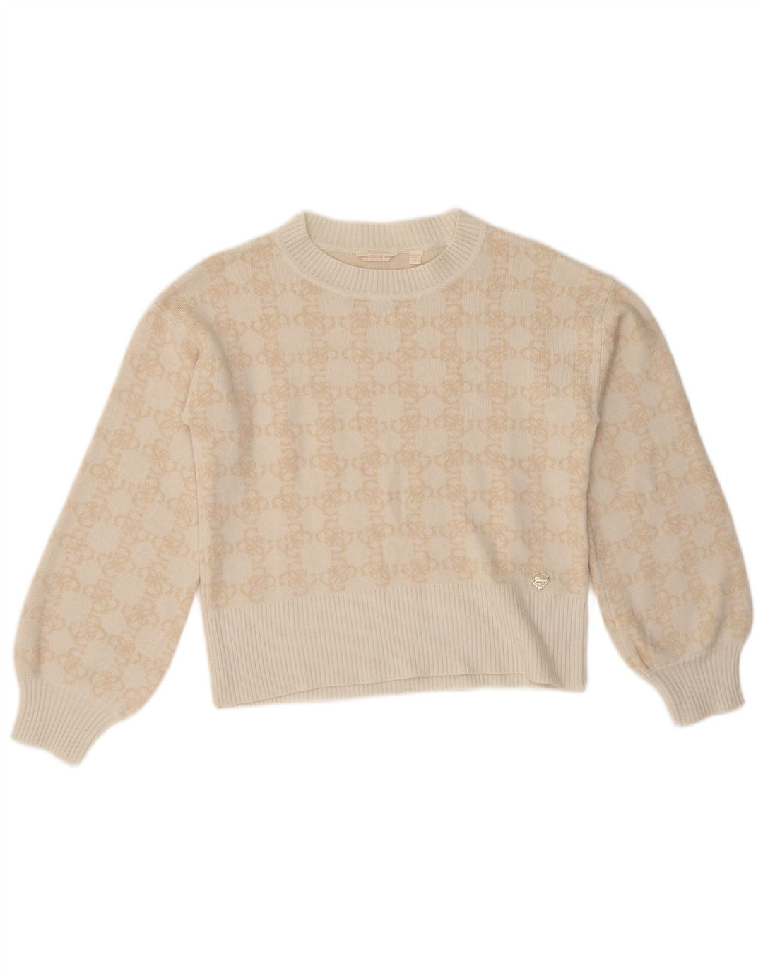 Pulover Guess pentru fete, cu model abstract, cu decolteu, 13-14 ani, bej