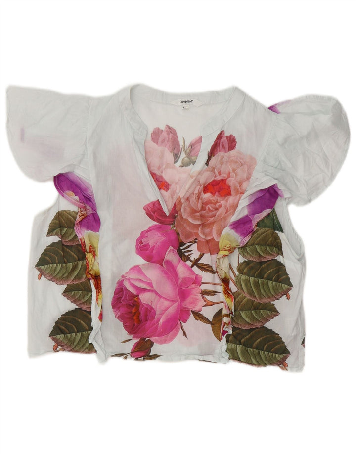 Bluză DESIGUAL pentru femei, crop cu volane în față, UK 18 XL, bumbac floral alb