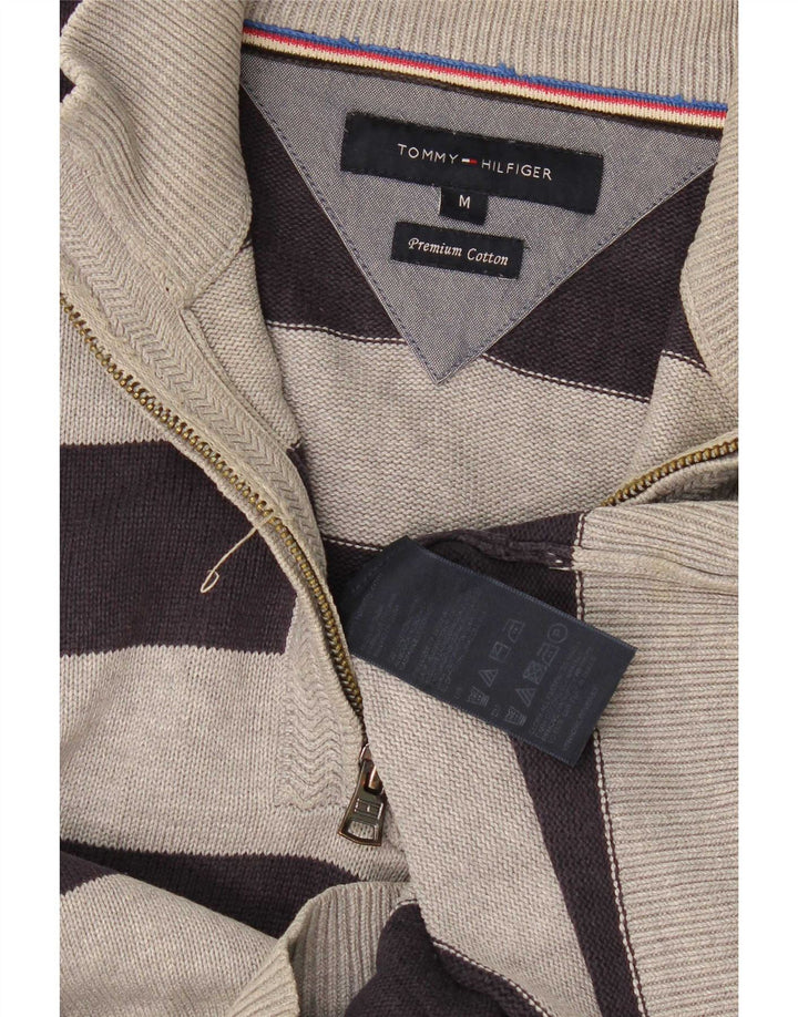 Pulover Tommy Hilfiger pentru bărbați, cu fermoar și gât, bumbac cu dungi, gri mediu