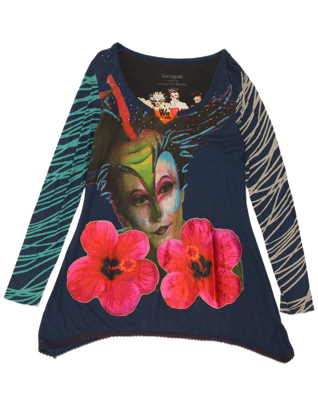 DESIGUAL Top cu tunică asimetrică cu grafică pentru femei UK 14 mare, albastru marin, floral