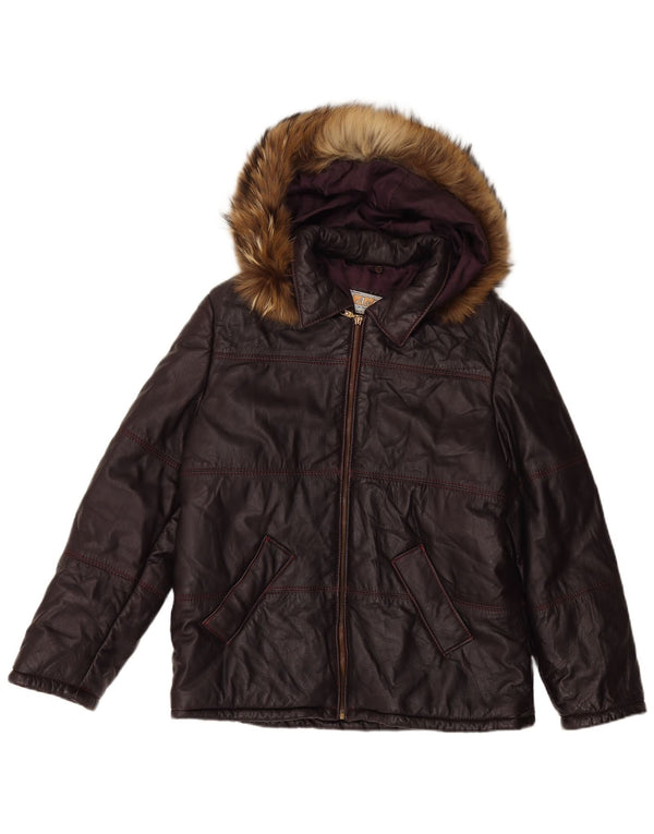 VINTAGE Jachetă de piele cu glugă pentru femei UK 16 Maroon mare