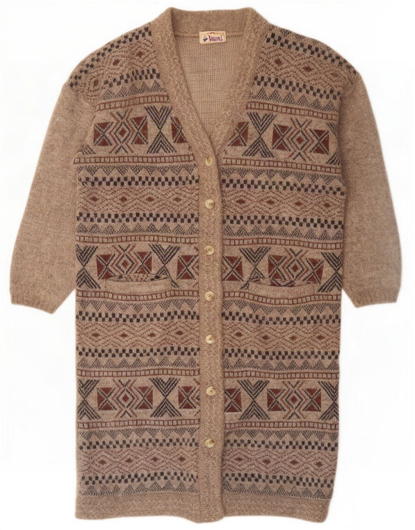 Pulover cardigan cu paragate vintage pentru femei UK 16 mare maro geometric