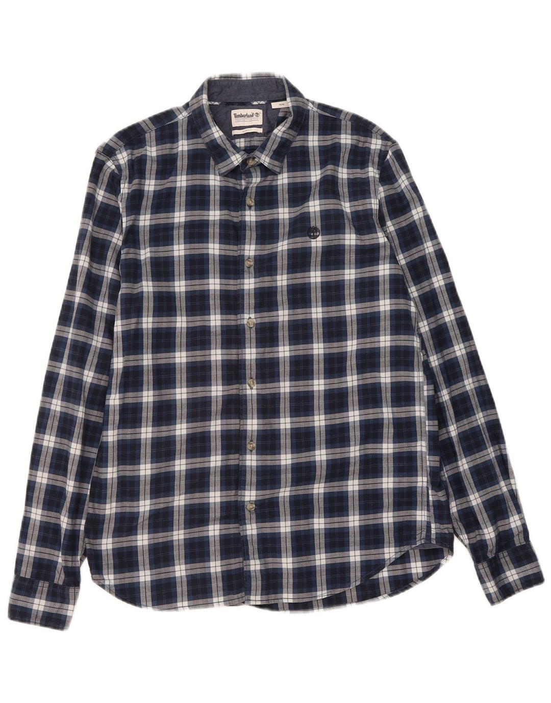 TIMBERLAND Mens Slim Fit Flannel Shirt Medium Navy Blue Check Cotton