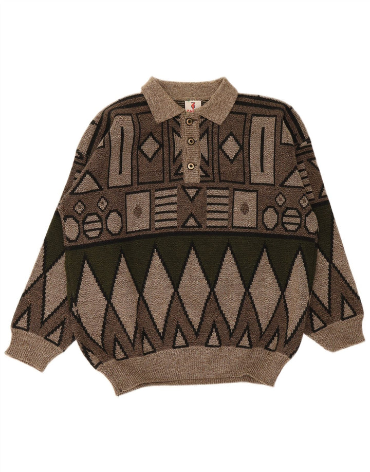 Pulover vintage pentru bărbați cu gât polo, maro mediu, geometric