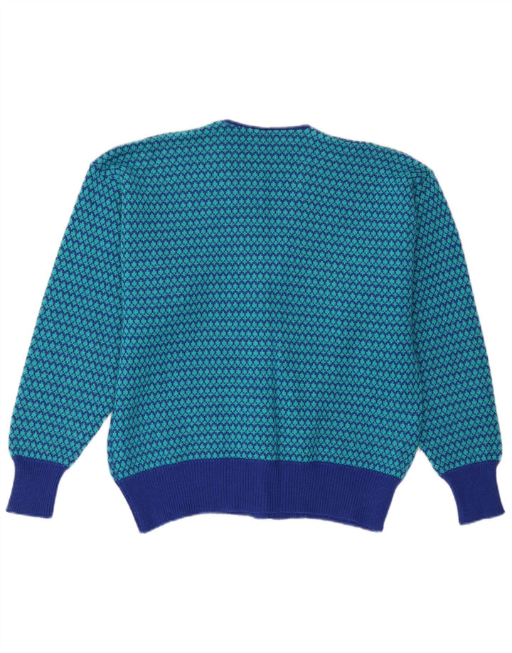 Pulover Cardigan Vintage pentru Damă UK 14 Lână Medium Blue Houndstooth