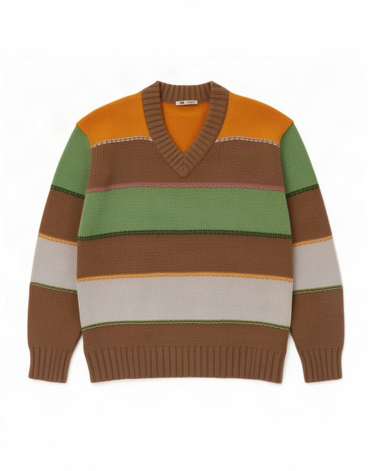 Pulover pentru bărbați Zara, cu decolteu în V, din bumbac cu dungi medii, multicolore