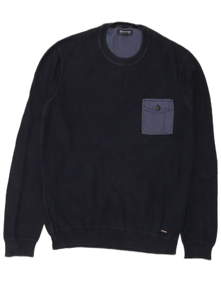 Pulover pentru bărbați Woolrich cu gât crew pulover mic din bumbac bleumarin
