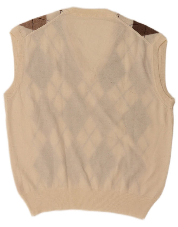 VINTAGE Vestă pentru bărbați Tank Top Medium White Argyle/Diamond Wool