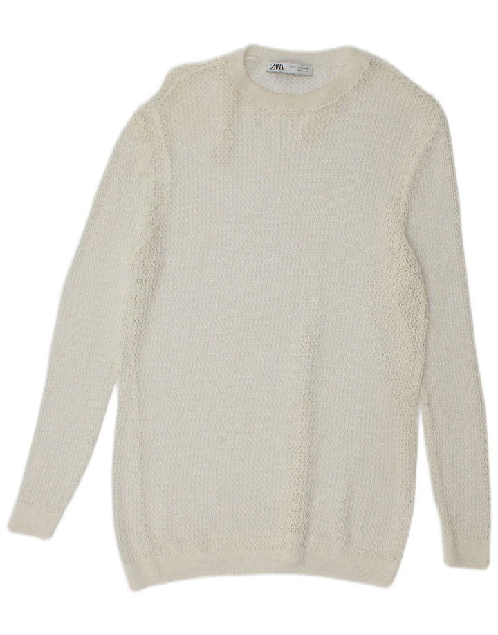 Pulover oversize din croșetat pentru femei Zara, cu decolteu rotund, UK 10 Mic Alb