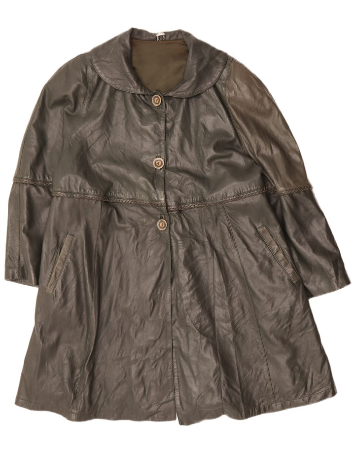 VINTAGE Womens Oversized Leather Coat IT 44 Medium Khaki Leather