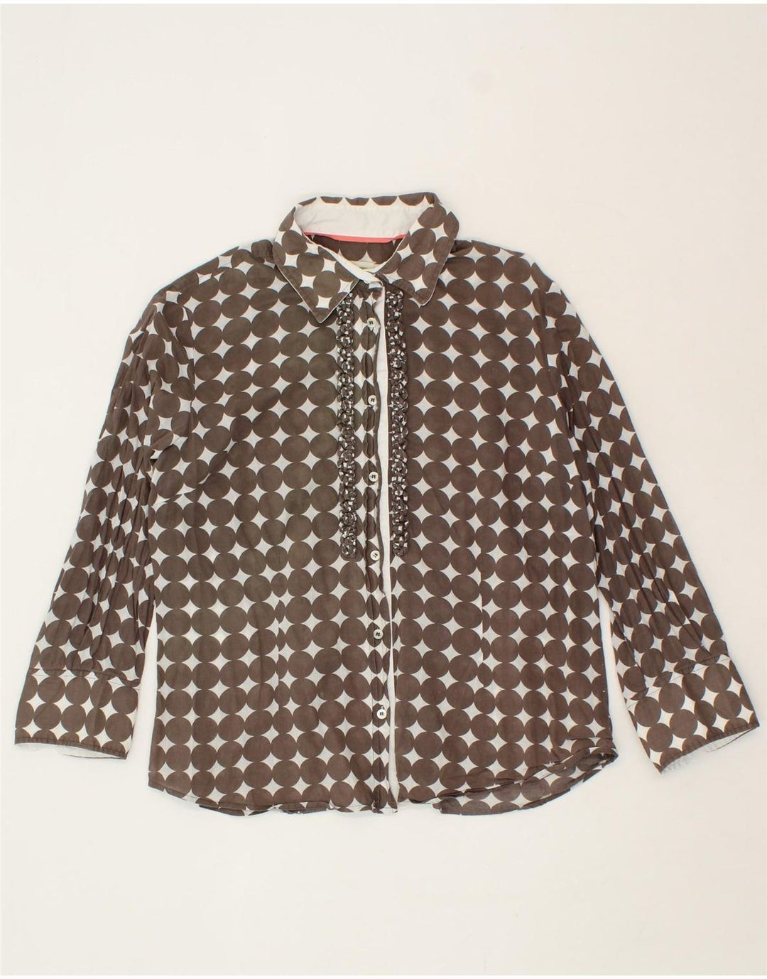 HENRY COTTONS Womens Ruffle Front Shirt IT 48 XL Brown Polka Dot Vintage Henry Cottons and Second-Hand Henry Cottons from Messina Hembry 