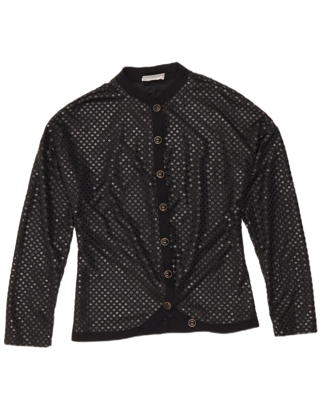 Bluză de cămașă vintage pentru femei UK 12 Medium Black Geometric Poliamidă