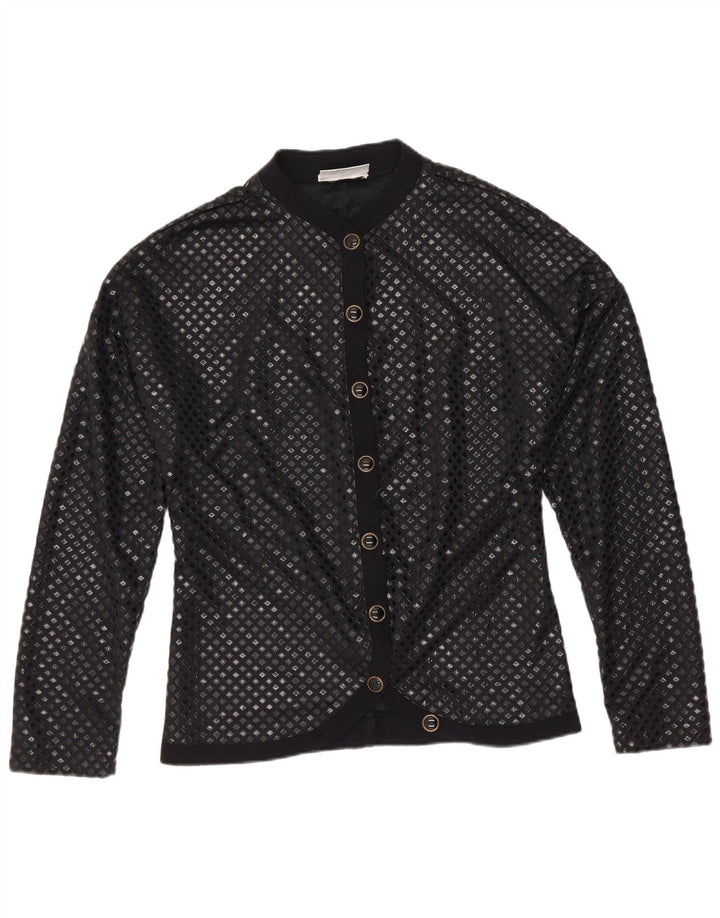 Bluză de cămașă vintage pentru femei UK 12 Medium Black Geometric Poliamidă