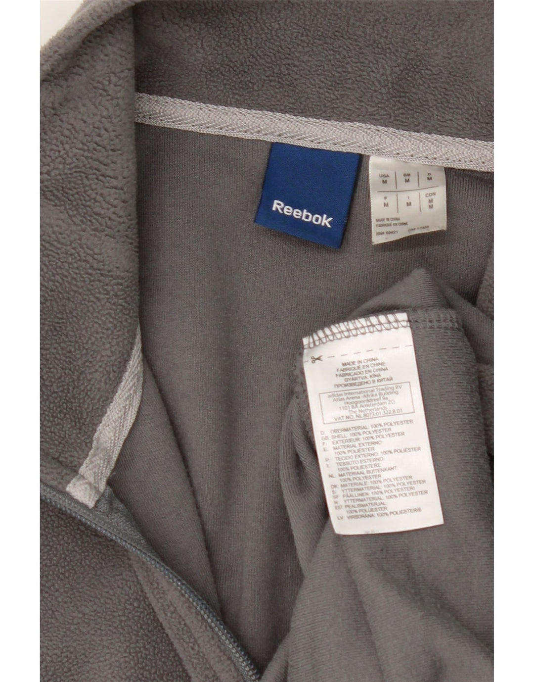REEBOK Mens Zip Neck Fleece Jumper Medium Grey Polyester Vintage Reebok and Second-Hand Reebok from Messina Hembry 