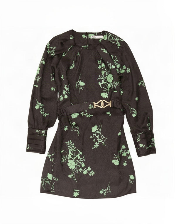 Rochie în formă de A cu mânecă lungă pentru femei Zara UK 12 Medium Negru Poliester floral