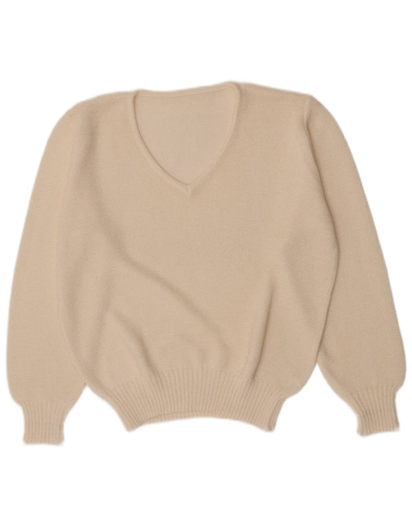 Pulover vintage pentru femei, cu decolteu în V, cu formă regulată, UK 10, mic, alb, acrilic