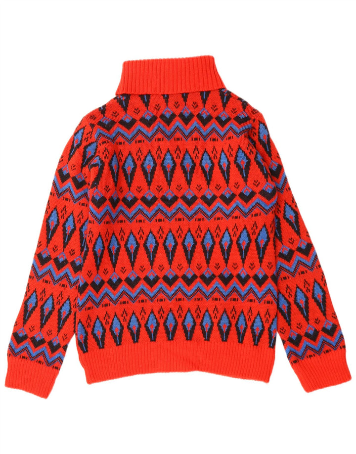 Pulover vintage pentru femei cu gât rulat, mărime 4, lână Fair Isle, roșie, mică