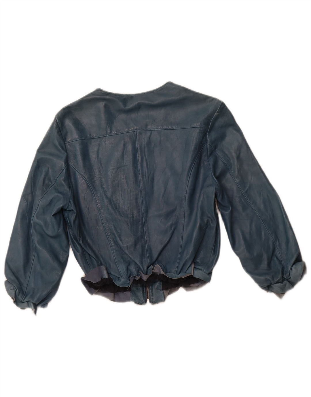 Jachetă de piele VINTAGE pentru femei, crop cu mâneci 3/4, IT 44, piele albastră medie