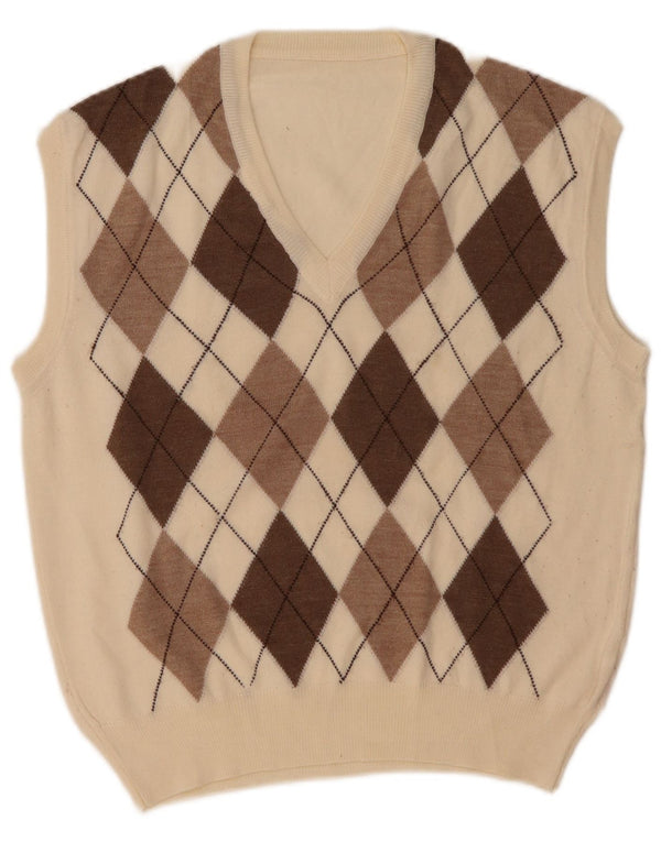 VINTAGE Vestă pentru bărbați Tank Top Medium White Argyle/Diamond Wool