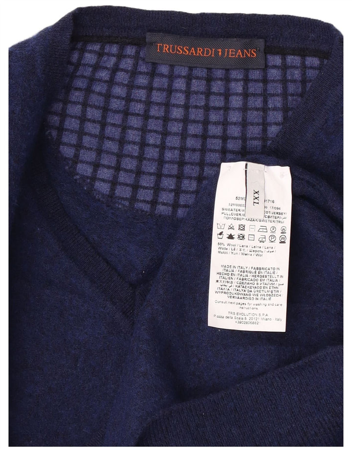 TRUSSARDI Pulover cu decolteu în V pentru bărbați 2XL Lână bleumarin