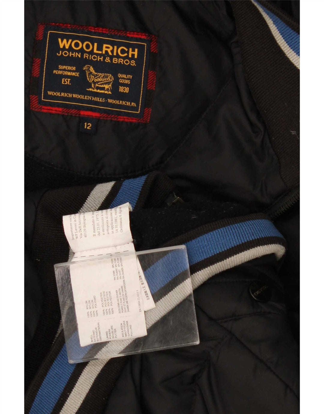 Jachetă căptușită cu glugă grafică Woolrich pentru băieți 11-12 ani, nailon negru