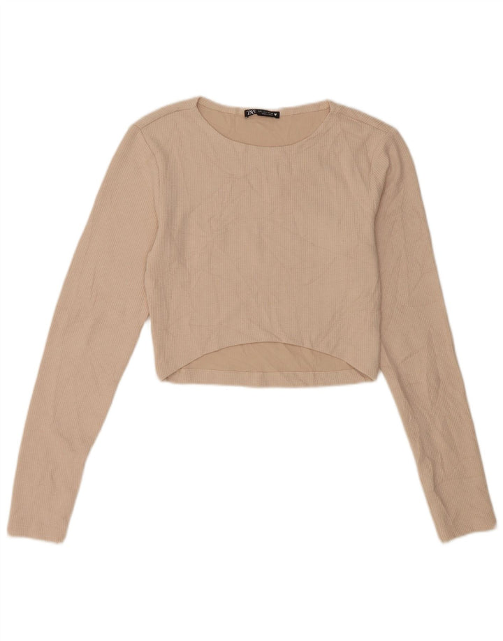 Crop Top pentru femei Zara cu mânecă lungă UK 14 mare, bej, poliester