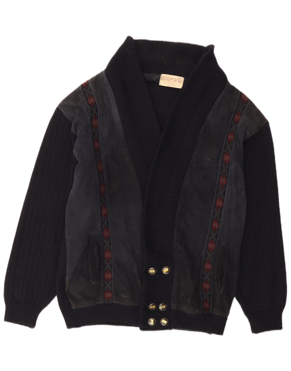 Pulover cardigan pentru bărbați din piele intoarsa Laura Pucci IT 52 Fair Isle mare albastru bleumarin