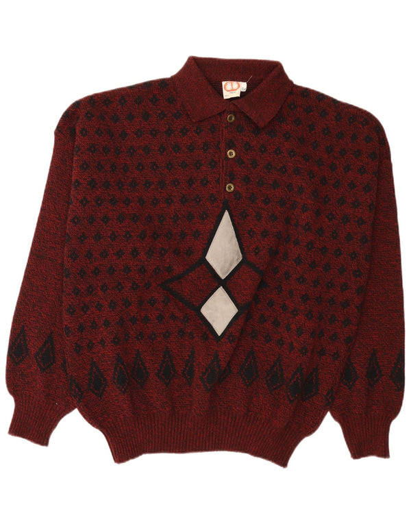 Pulover vintage pentru bărbați cu gât polo IT 54 XL Bordeaux Argyle/Lână diamant