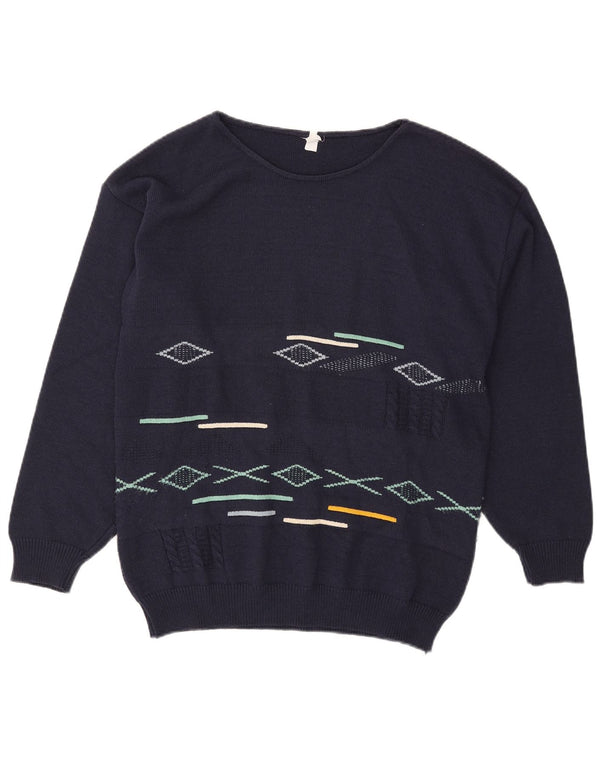 Pulover vintage pentru bărbați, cu gât de barcă, din bumbac geometric, albastru, mediu