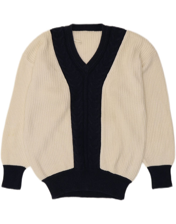 VINTAGE Pulover cu decolteu în V pentru femei UK 16, mare, alb, color block