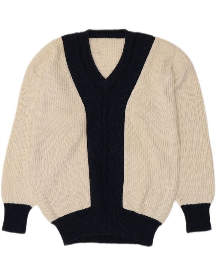 VINTAGE Pulover cu decolteu în V pentru femei UK 16, mare, alb, color block