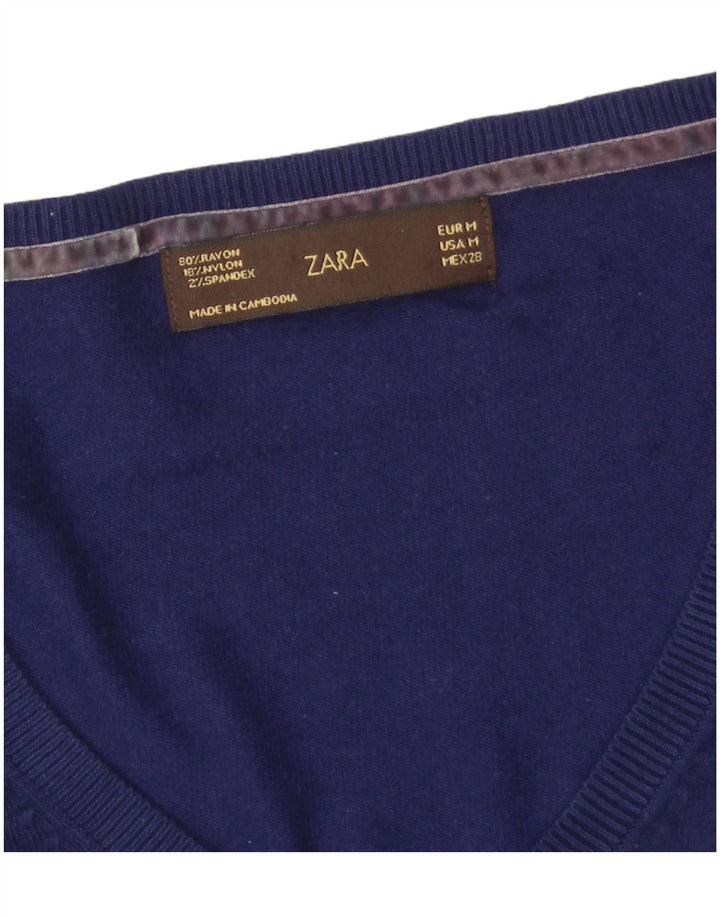 Pulover cu decolteu în V Zara pentru femei UK 12 Medium Bleumarin Rayon