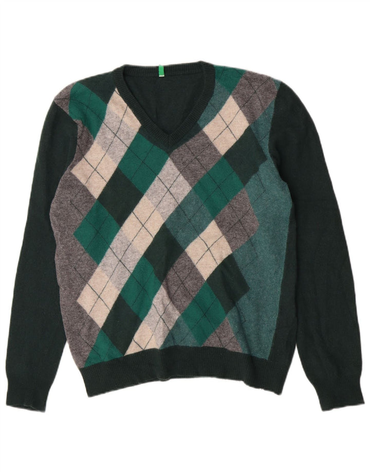 Pulover Benetton pentru femei cu decolteu în V UK 12 Medium Green Argyle/Diamond