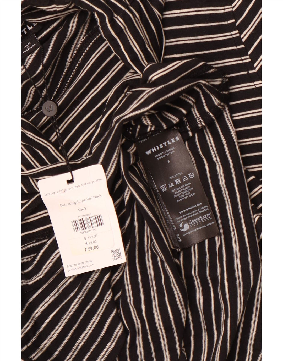 WHISTLES Top cu gât rulat pentru femei cu mânecă lungă UK 10, bumbac cu dungi negre mici